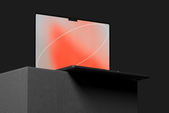 Modern tablet mockup on gray plinth with abstract red graphic on screen, ideal for presenting app UI designs and digital portfolios.