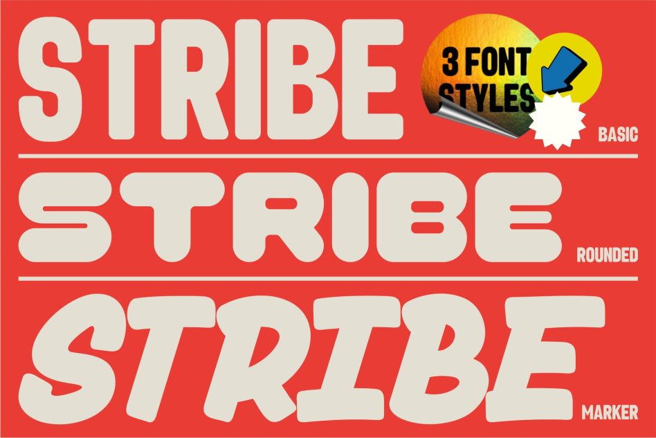 Bold font styles preview for STRIBE with 3 styles including basic, rounded, marker in red and white, ideal for eye-catching graphics and design templates.