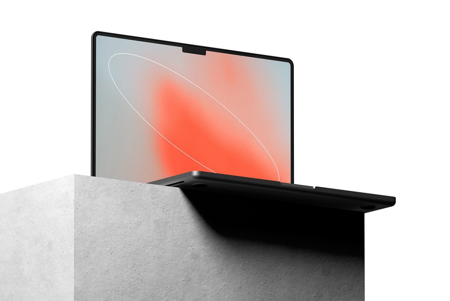 Minimal laptop mockup with edge-to-edge display on a concrete pedestal, ideal for designers and template projects. Clean and modern design, isolated background.