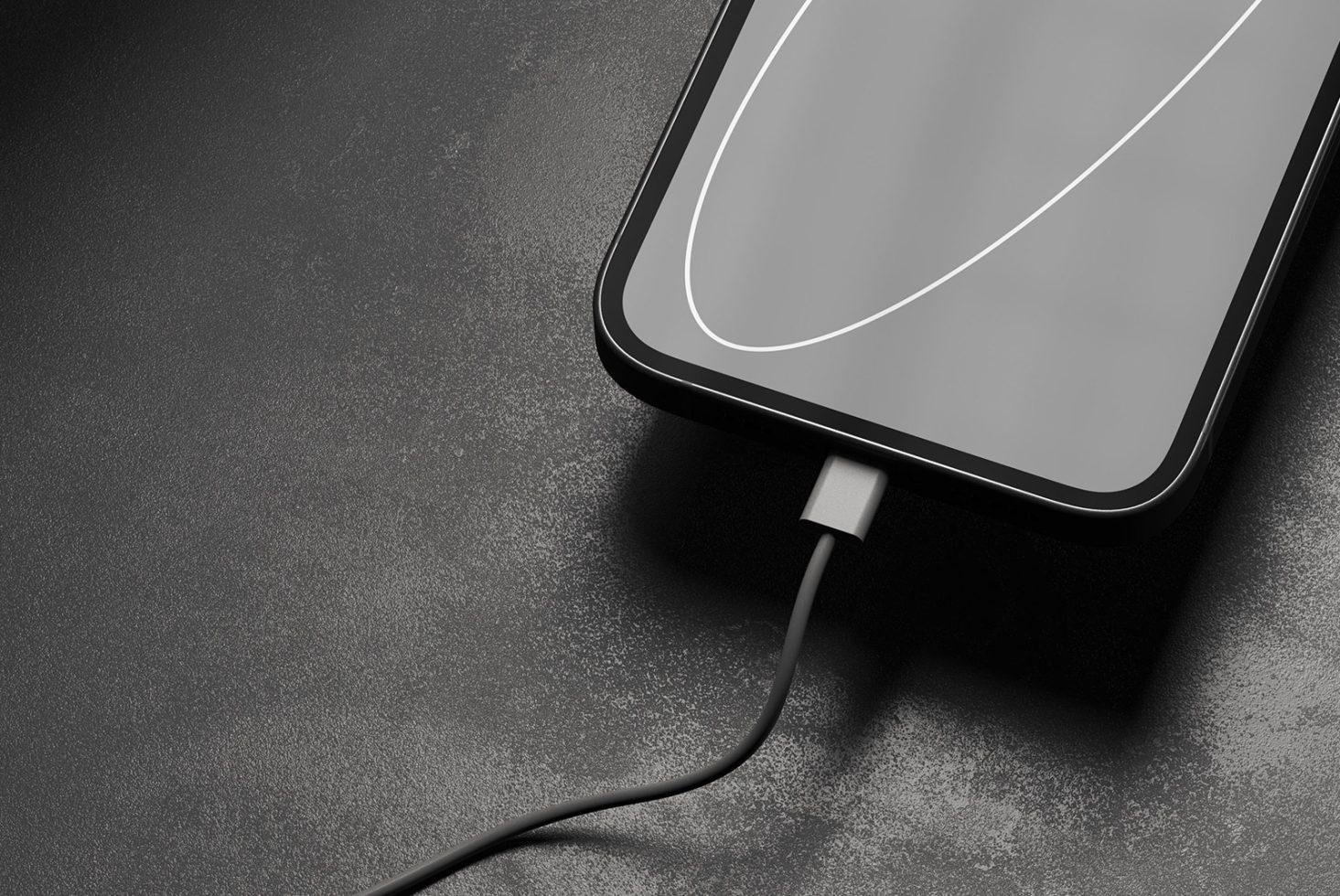 Smartphone charging on dark textured surface, ideal for mockups, tech presentations, digital design assets.