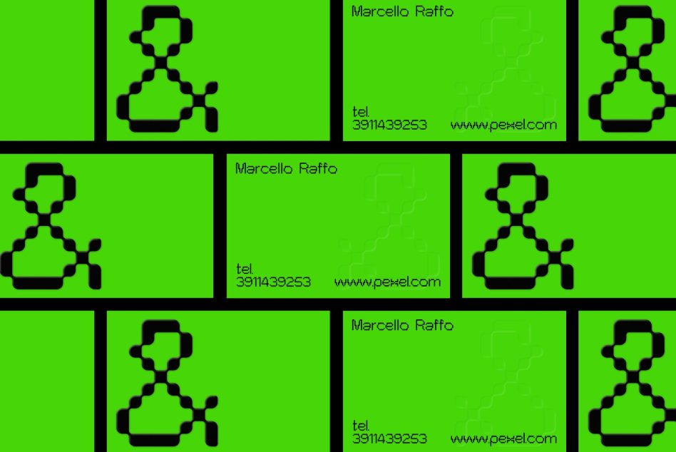 Business card mockup grid by Marcello Raffo showing pixel robot logo