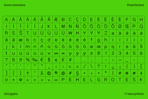 Modern pixel-style font characters and symbols set on green background for graphic design, digital assets, font category, typography.