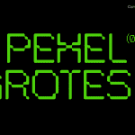 Pixel-styled font design preview for 'Pixel Grotesk' with neon green on black background, perfect for mockups, templates, and graphics.