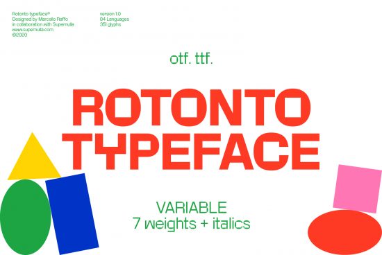 Bold red ROTONTO TYPEFACE preview with geometric shapes, showcasing the font's variable weights and italics, perfect for designers' typography needs.