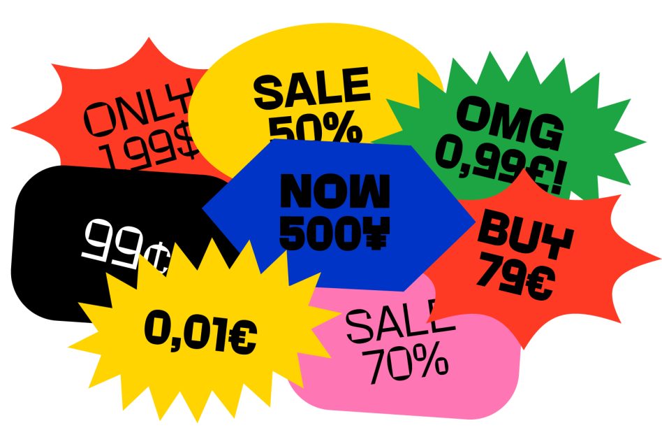 Colorful sale stickers with expressive text graphics, price tags, and percentage discounts for marketing design templates.