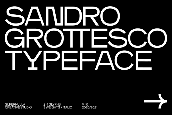 Modern Sandro Grotesco typeface poster display black and white, 214 glyphs, 3 weights plus italic, ideal for designers and branding.