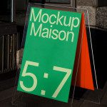 Outdoor advertising mockup displayed on a sidewalk with a green and orange design, clear visibility in urban setting, perfect for designers.