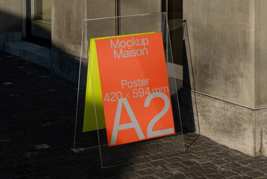 A2 size poster mockup leaning against transparent glass display outdoor setting for designers and advertisers.