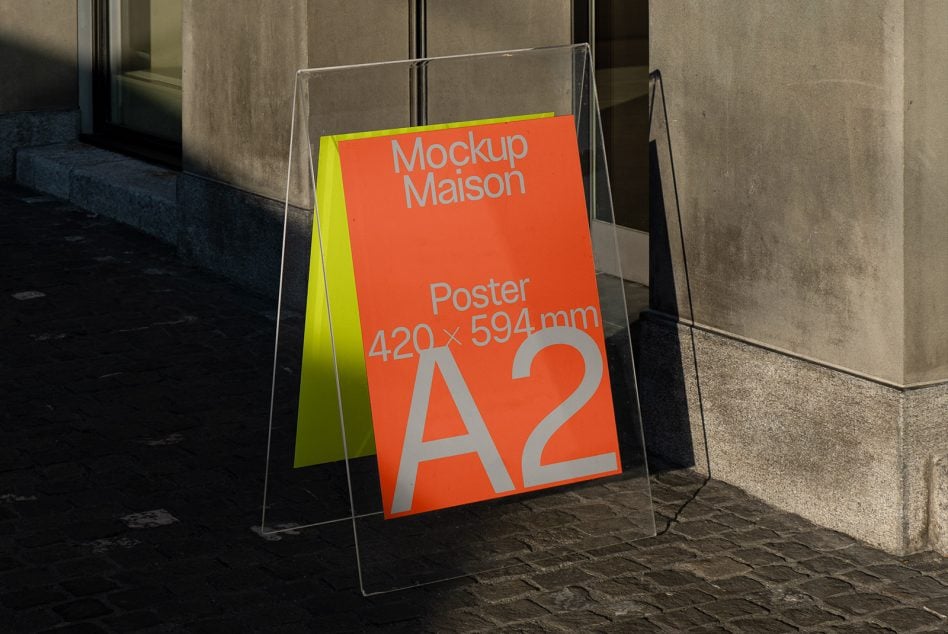 Green street sandwich board mockup with cream text on building entrance