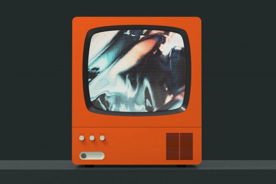 Vintage orange TV mockup with retro distortion screen effect, ideal for website graphics, design templates, and creative presentations.