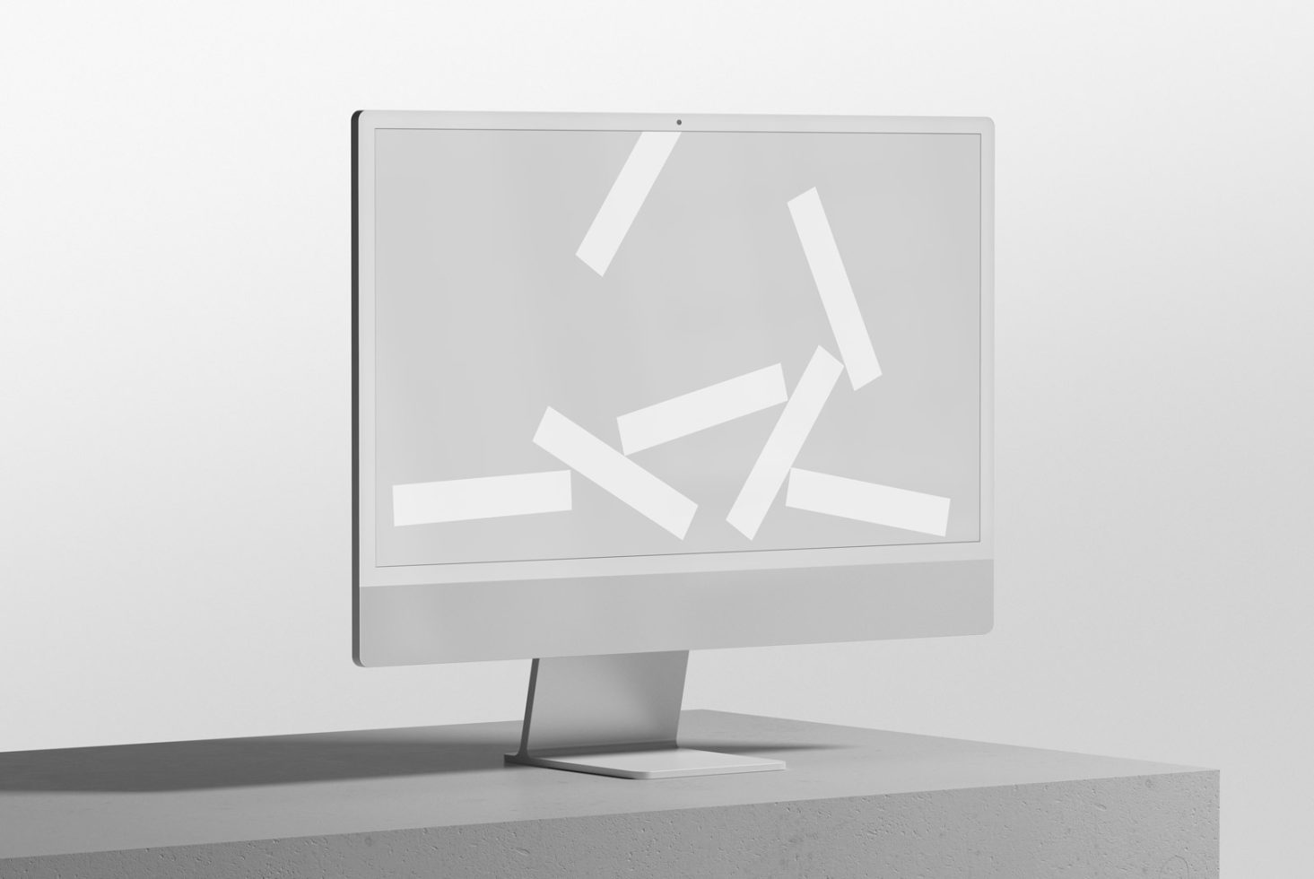 Desktop monitor displaying abstract floating white rectangles on gray background