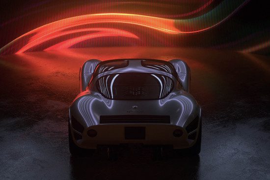 Sports car mockup with dynamic light streaks background, perfect for automotive design graphics, sleek vehicle templates, and car advertising.