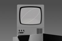 Vintage grey television showing white ellipse on neutral textured screen display