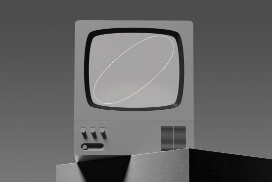 Vintage television mockup on a geometric stand with minimalistic controls suitable for retro design presentations and product display for designers.