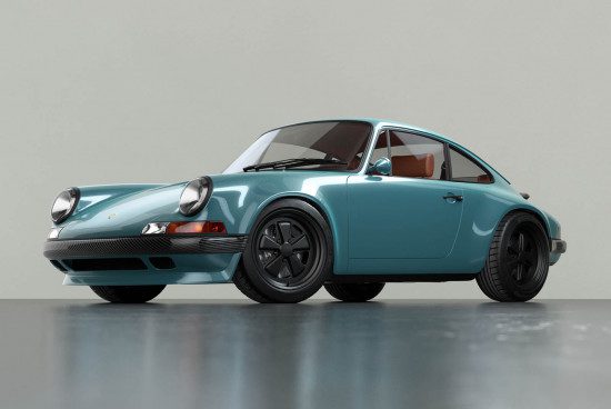 Classic teal Porsche car mockup on a neutral background, perfect for vehicle presentation, realistic 3D render, automotive design asset.