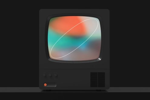 Retro television mockup with colorful abstract screen on dark background, suitable for presenting designs and graphics in previews.