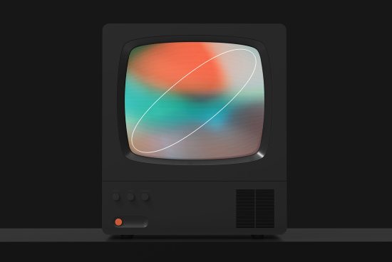 Retro television mockup with colorful abstract screen on dark background, suitable for presenting designs and graphics in previews.