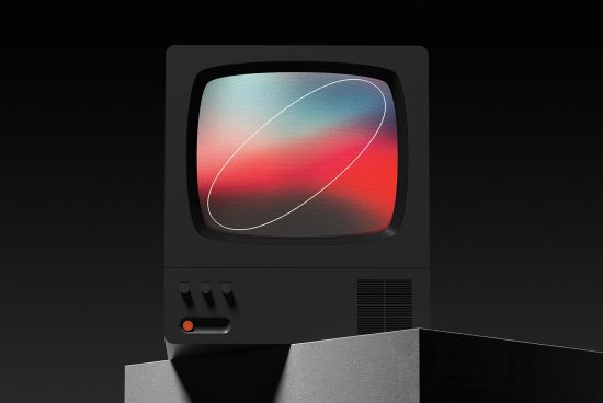 Vintage TV mockup featuring a colorful gradient screen on a textured pedestal in a dark setting, ideal for retro-themed graphic designs.