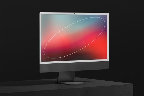 Computer monitor with abstract graphic design on screen, standing on a podium, suitable for mockups category and graphic design presentations.