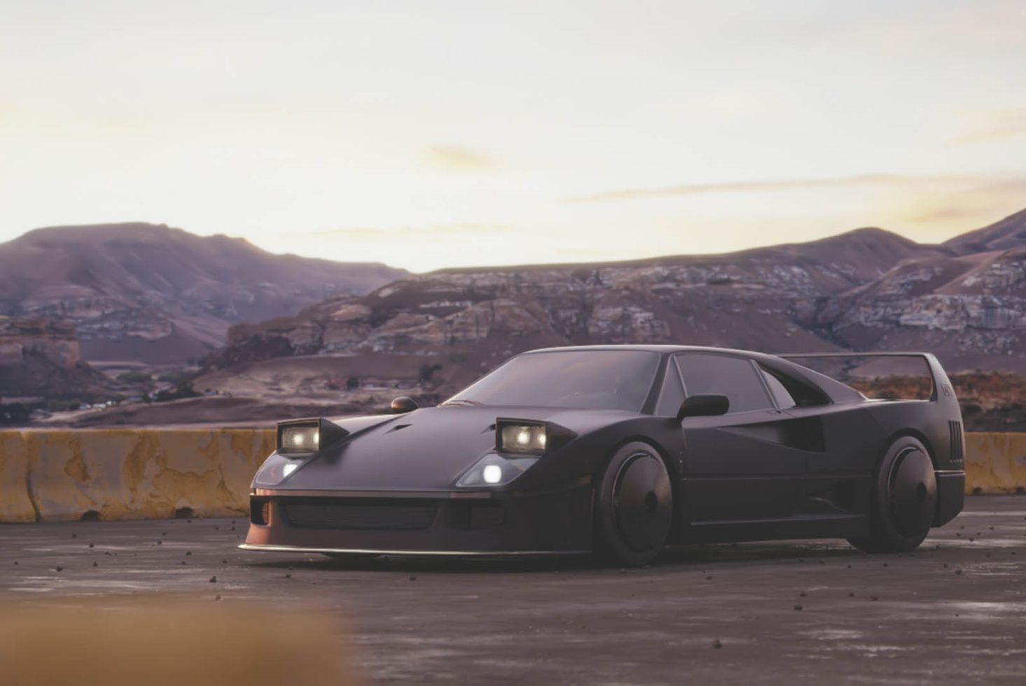 Matte black sports car mockup at sunset with mountains in the background, ideal for vehicle advertising graphics and wrap designs.