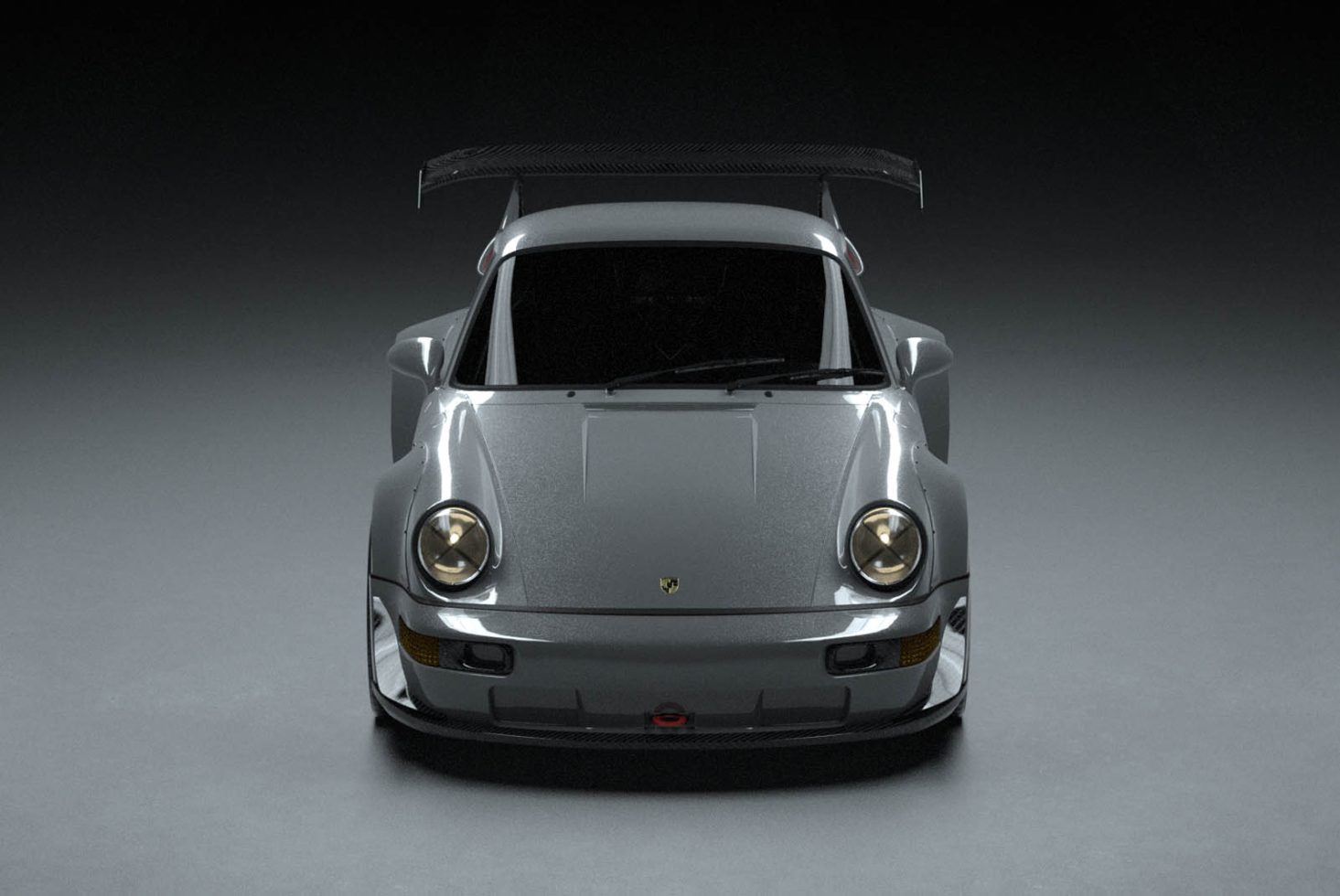 Front view of a silver Porsche sports car mockup with dramatic lighting on a dark background, ideal for vehicle design presentations and automotive graphics.