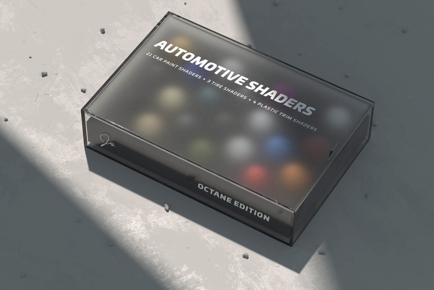 Realistic packaging mockup for automotive shaders product box on a textured surface with dynamic shadows, ideal for design presentations.