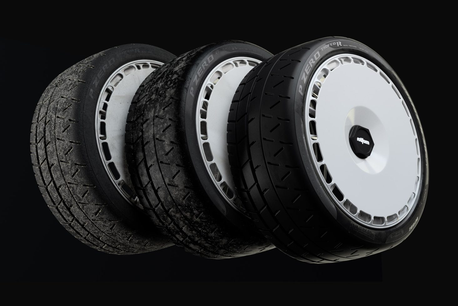 3D model of four stack car tires, varying wear patterns, realistic texture, ideal for graphics, automotive design mockups, black background.