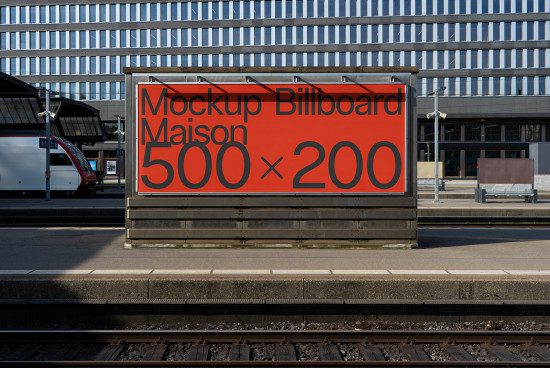 Urban billboard mockup at train station, ideal for displaying ad designs, high visibility for outdoor advertising, realistic setting.