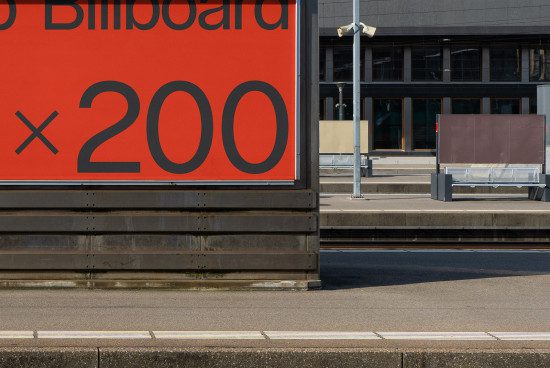 Outdoor advertising mockup of a large red billboard with customizable design space in an urban train station setting suitable for designers.