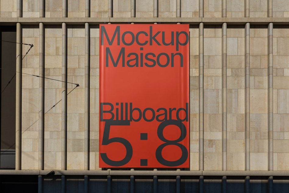 Red poster mockup displaying text with 5.8 dimensions on textured facade