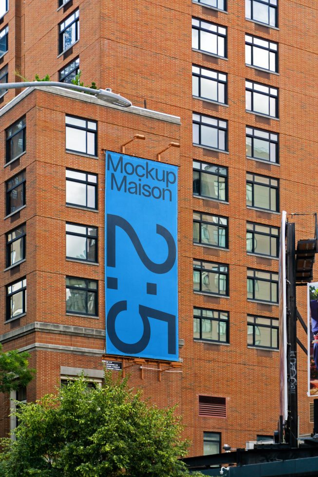 Urban building mockup banner displayed on red brick facade, featuring clean design for advertising, suitable for designers and marketers.