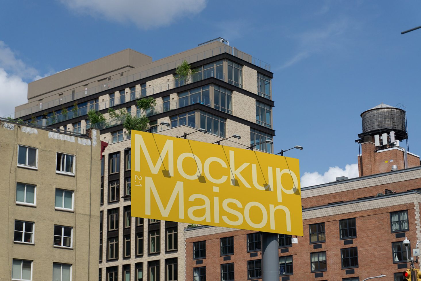 Urban billboard mockup displaying yellow sign with text 'Mockup Maison' against a backdrop of buildings, perfect for designers to showcase advertising designs.