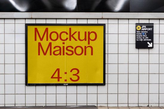 Yellow mockup billboard with bold red text in subway station setting for designers, urban Mockups category, tiled wall, realistic advertising space.