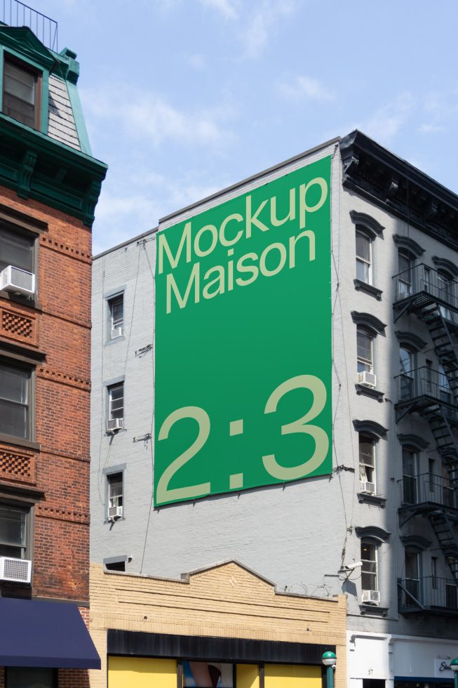 Urban billboard mockup on building facade for outdoor advertising design presentation, clear sky, city environment.