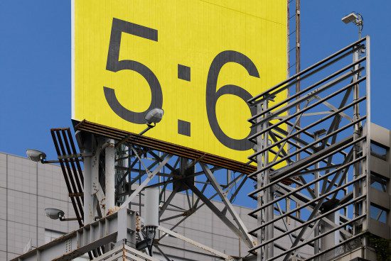 Billboard mockup with bold 5:6 ratio design on yellow background, urban setting for graphic designers and ad creators.