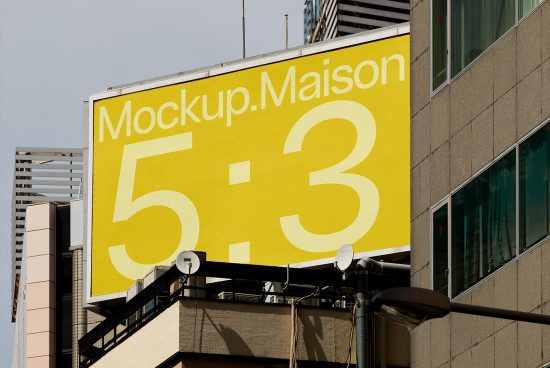 Billboard mockup on building with bright yellow design, showcasing typography and large ratio numbers 5:3 for outdoor advertising display.