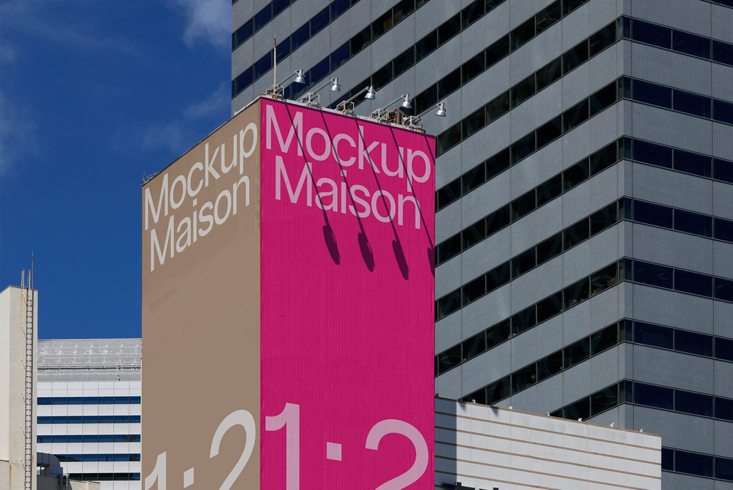 Billboard mockup on urban highrise, displaying 'Mockup Maison' text with paint drips, clear sky, ideal for advertising design presentations.