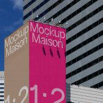 Billboard mockup on urban highrise, displaying 'Mockup Maison' text with paint drips, clear sky, ideal for advertising design presentations.