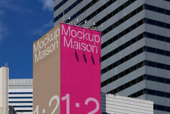 Billboard mockup on urban highrise, displaying 'Mockup Maison' text with paint drips, clear sky, ideal for advertising design presentations.