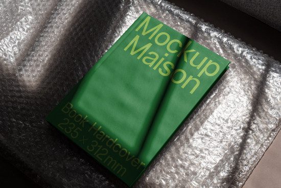 Green book mockup on bubble wrap, realistic hardcover book design template for presentation, publishing display, 235x312mm.