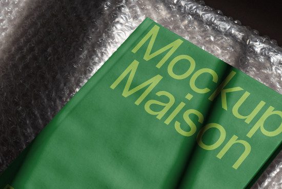 Realistic magazine mockup with green cover, bubble wrap background for digital asset marketplace, perfect for designers seeking professional mockups.