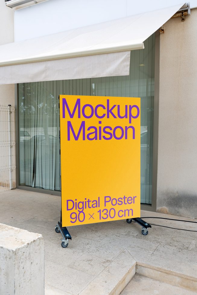 Outdoor mobile poster mockup standing by a store entrance, displaying text 'Mockup Maison', suitable for advertising and design presentations.