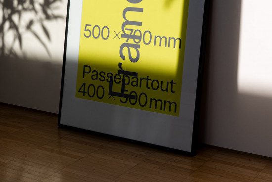 Poster frame mockup with shadow overlay on floor, modern gallery style, 500x700mm size display, interior design presentation tool for designers.