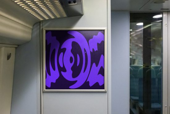 Urban transit abstract graphic art poster mockup displayed in train carriage, featuring dynamic purple shapes for contemporary design projects.