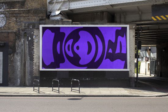 Street-level billboard mockup with bold purple abstract graphics under an urban bridge, showcasing modern design for advertising and branding.