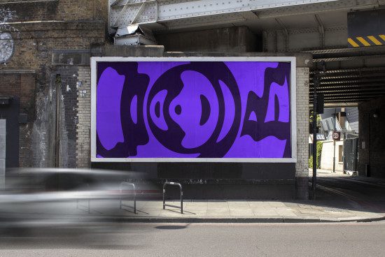 Urban billboard mockup under a bridge with a vibrant purple abstract design, showcasing contrast for outdoor advertising.