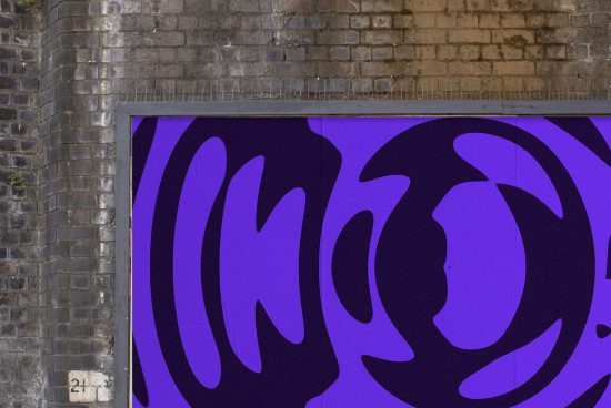 Abstract purple graphics billboard mockup on urban brick wall, ideal for outdoor advertising designs, modern urban templates.