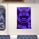 Abstract purple poster mockup on subway train wall, urban graphic design display, creative print template for designers.