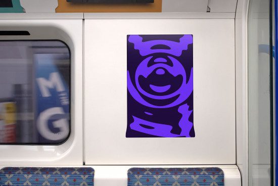 Abstract purple poster mockup on subway train wall, urban graphic design display, creative print template for designers.
