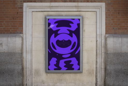 Urban poster mockup on a brick wall displaying abstract purple design, ideal for presentations and portfolios in graphic design.